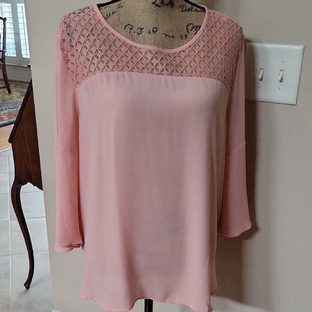 Van Heusen Soft Peach Blouse With Lace Detail And 3/4 Bell Sleeve